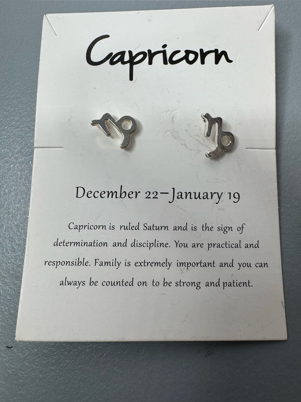 Capricorn Zodiac Stud Earrings - Silver Color On Earring Card Gift